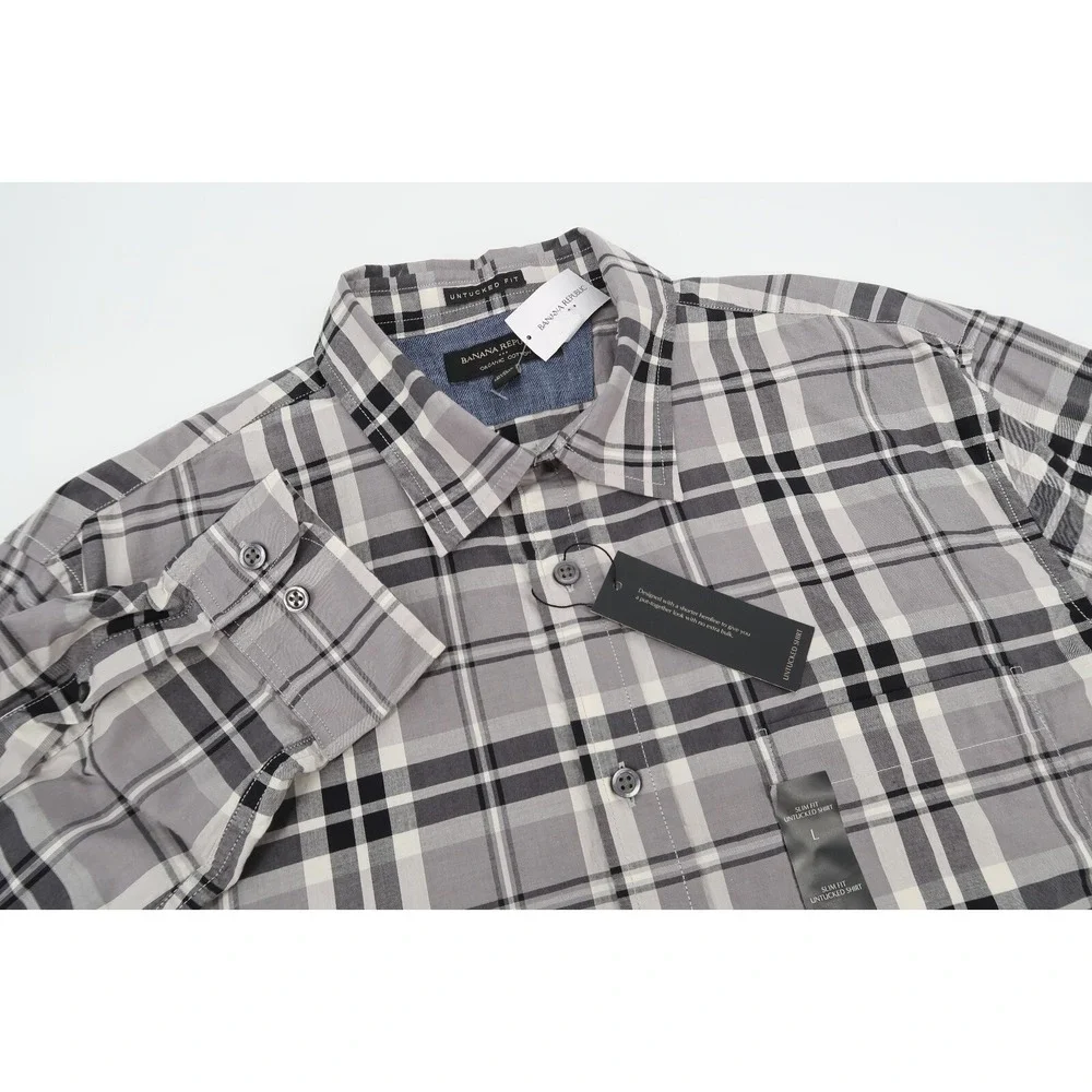 Banana Republic Men's‎ Large Slim Fit Untucked Shirt Button Front Gray Plaid NWT